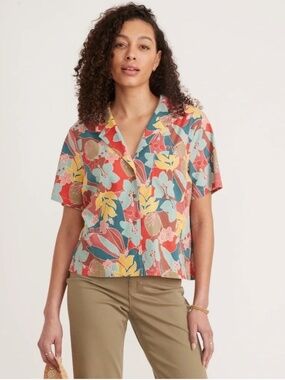 Marine Layer Lucy Resort Shirt Hibiscus Floral Boxy Button Down Size Small